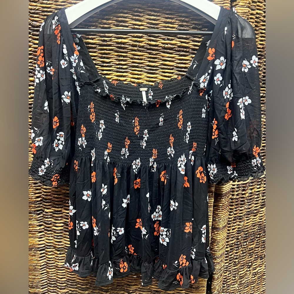 Free People Black Floral Smocked Blouse- Size: Small